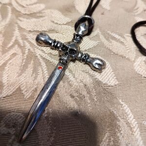 💀☠️ Novelty Vtg Gothic Alchemy Skull Cross Dagger Necklace with Sueded Cord